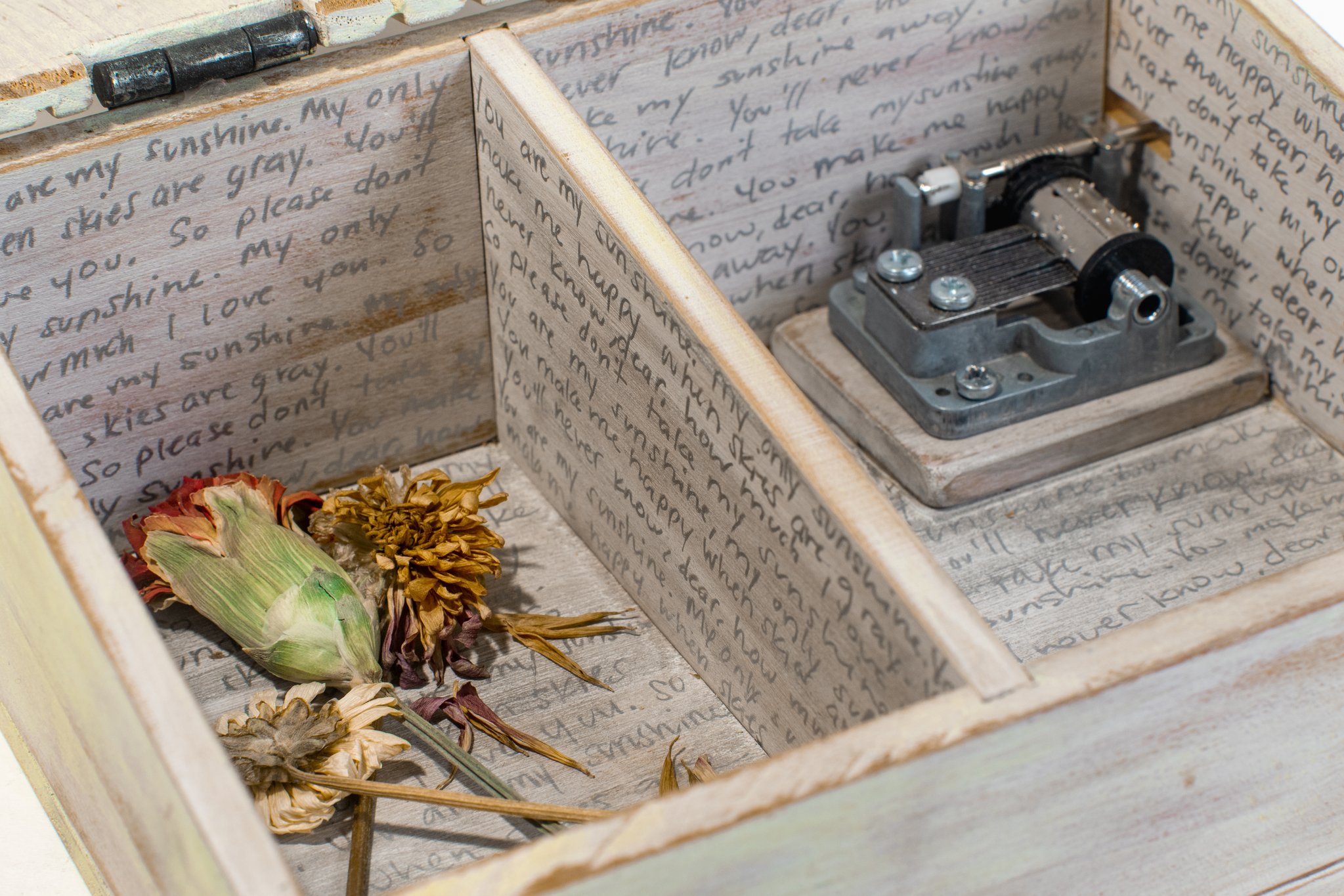Interior detail of the inside of a music box, with dried flowers inside and handwritten text scribbled on all sides