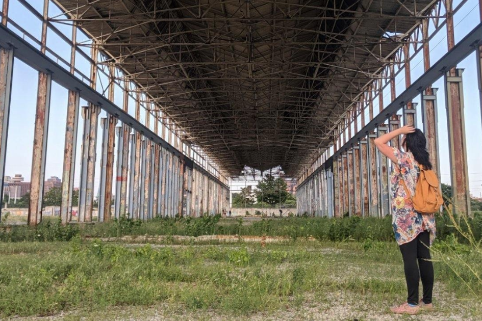 2024 Herron Distinguished Alumni Award Winner Jordan Ryan at an abandoned GM stamping plant in Indianapolis